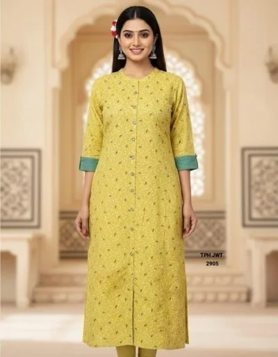 Traditional Front-Button Straight Long Shirt-Style Kurti